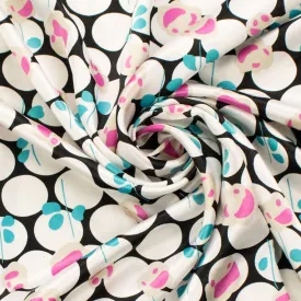 Satin Prints Design-204 Whit Dots and Pink Floral on Black