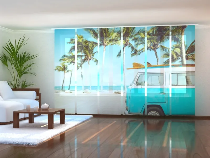 Set of 6 Sliding Panel Curtains Vintage Car on the Tropical Beach