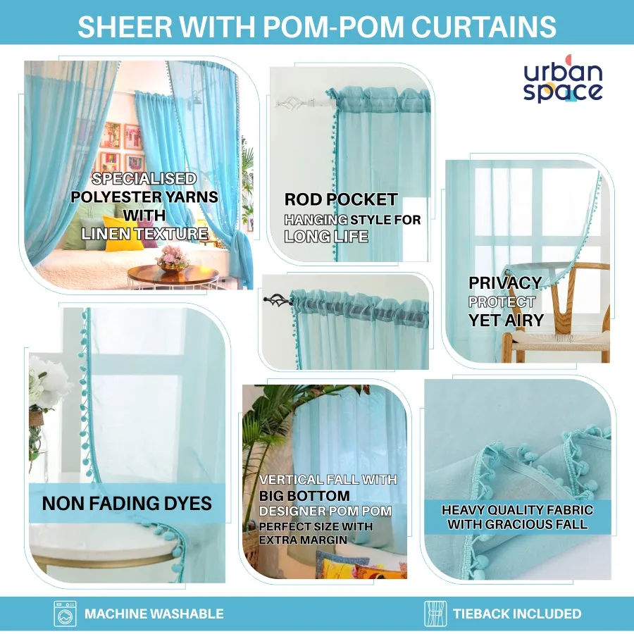 Sheer Curtain for Living Room with linen texture, Net Curtain for balcony, Pack of 2 Curtains -Butter cream with pom pom