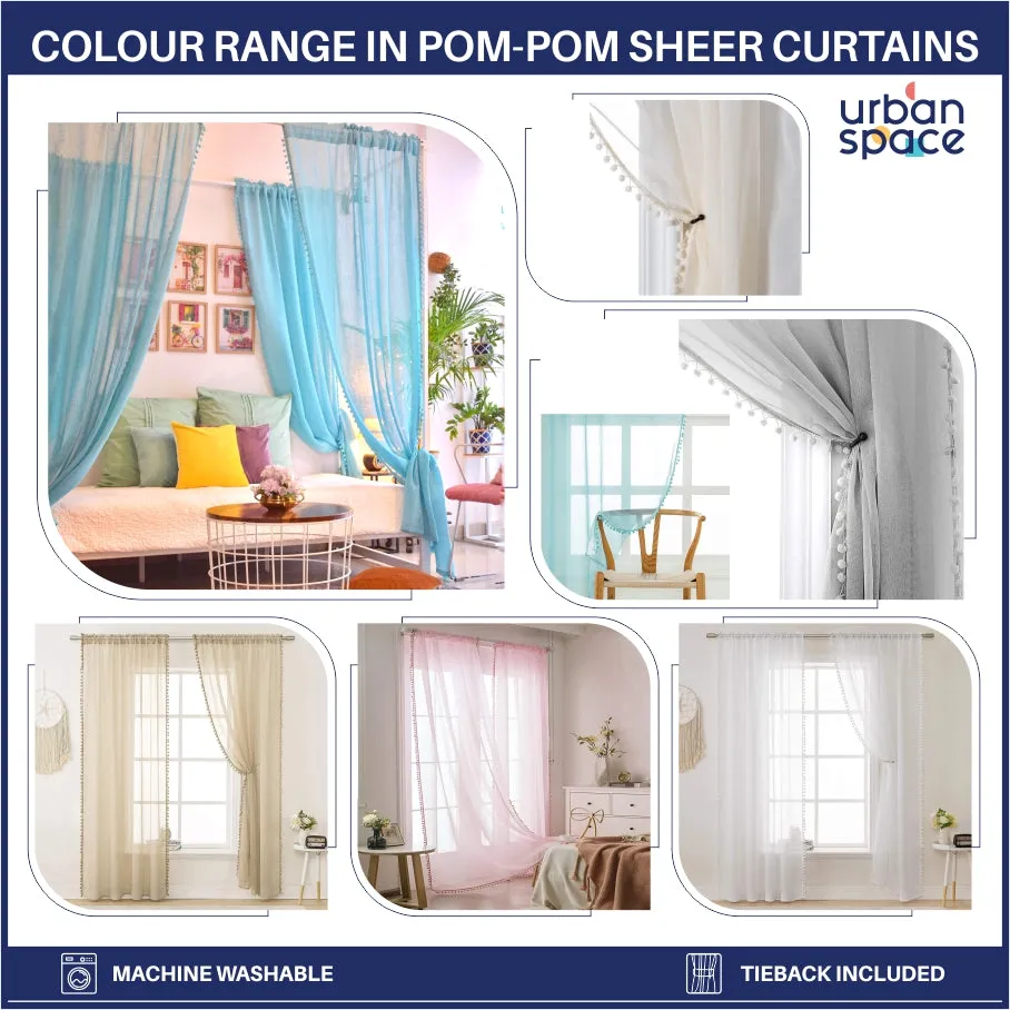 Sheer Curtain for Living Room with linen texture, Net Curtain for balcony, Pack of 2 Curtains -Butter cream with pom pom