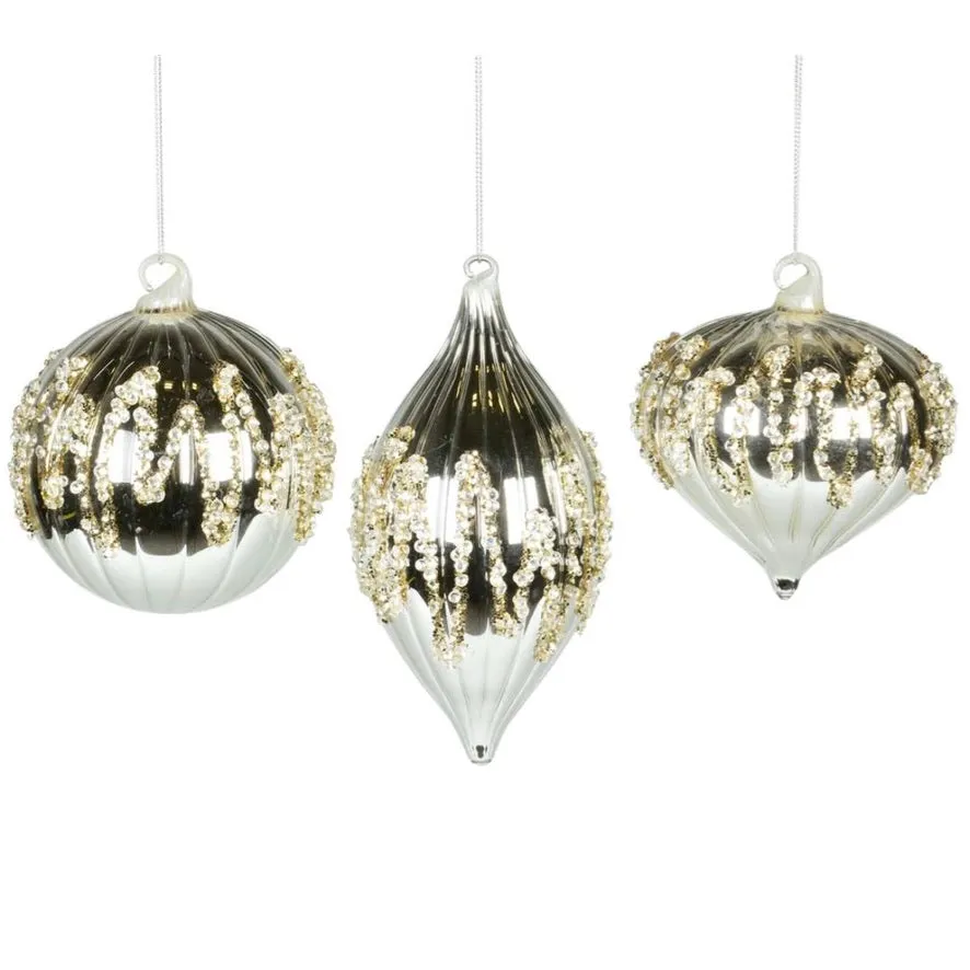 Shiny Silver with Beads Glass Ornament