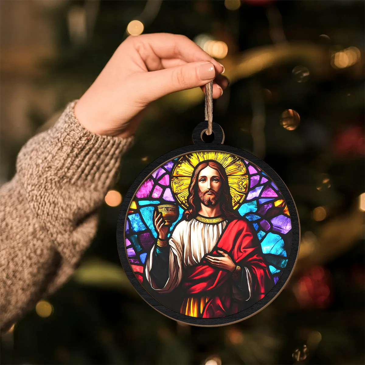 Teesdily | Jesus Holy Communion Scene Suncatcher, Jesus Christ Cup Stained Glass Suncatcher, Christmas Ornament Hanging, Xmas Decoration Gift