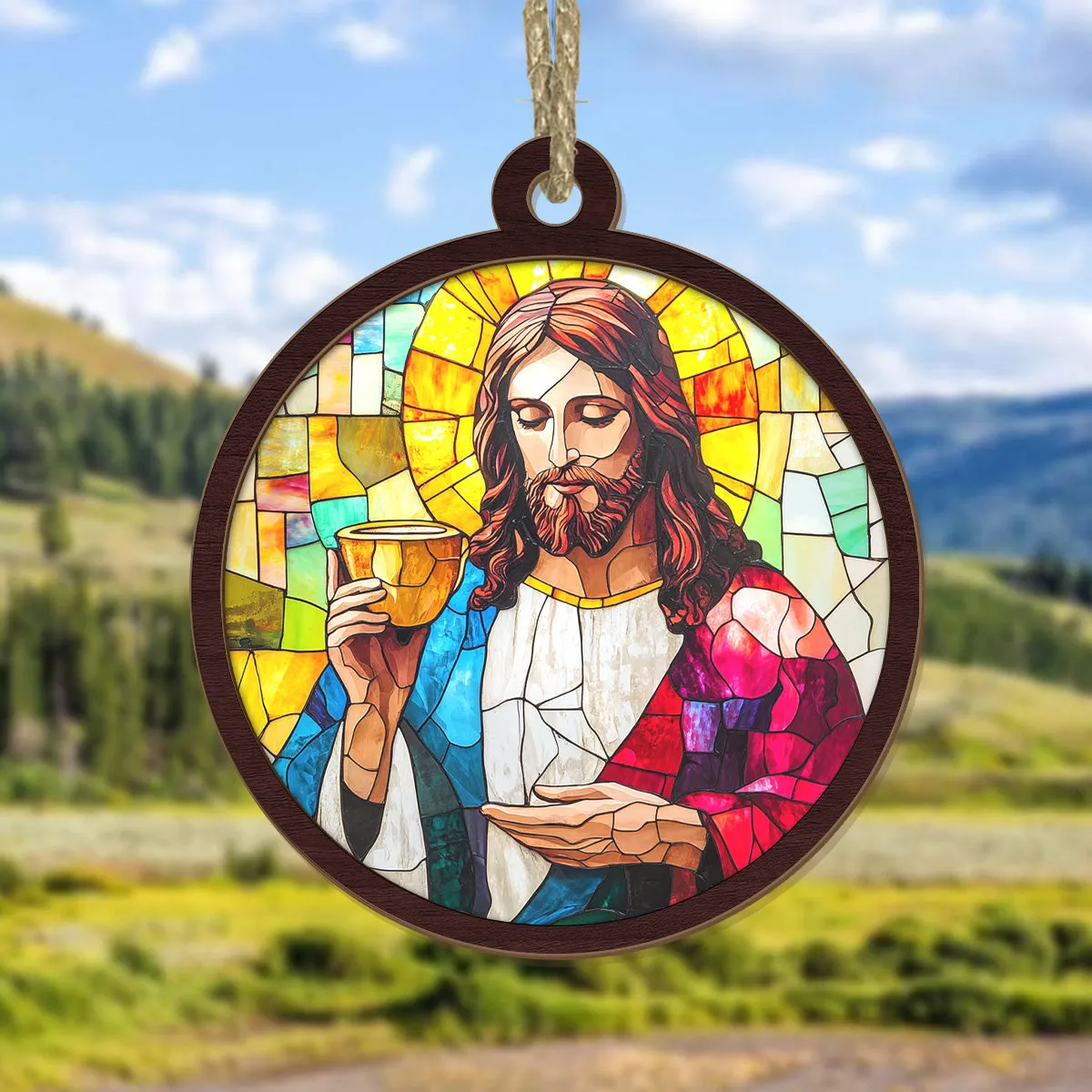 Teesdily | Jesus Holy Communion Scene Suncatcher, Jesus Christ Cup Stained Glass Suncatcher, Christmas Ornament Hanging, Xmas Decoration Gift