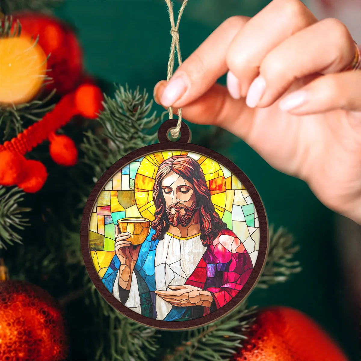 Teesdily | Jesus Holy Communion Scene Suncatcher, Jesus Christ Cup Stained Glass Suncatcher, Christmas Ornament Hanging, Xmas Decoration Gift