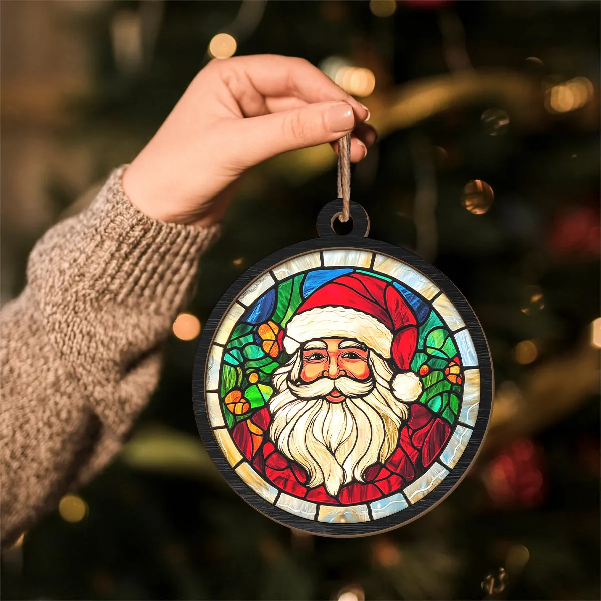 Teesdily | Santa Christmas Suncatcher, Christmas Tree Decor Santa Claus Stained Glass Suncatcher, Christmas Gift For Family, Christmas Ornaments