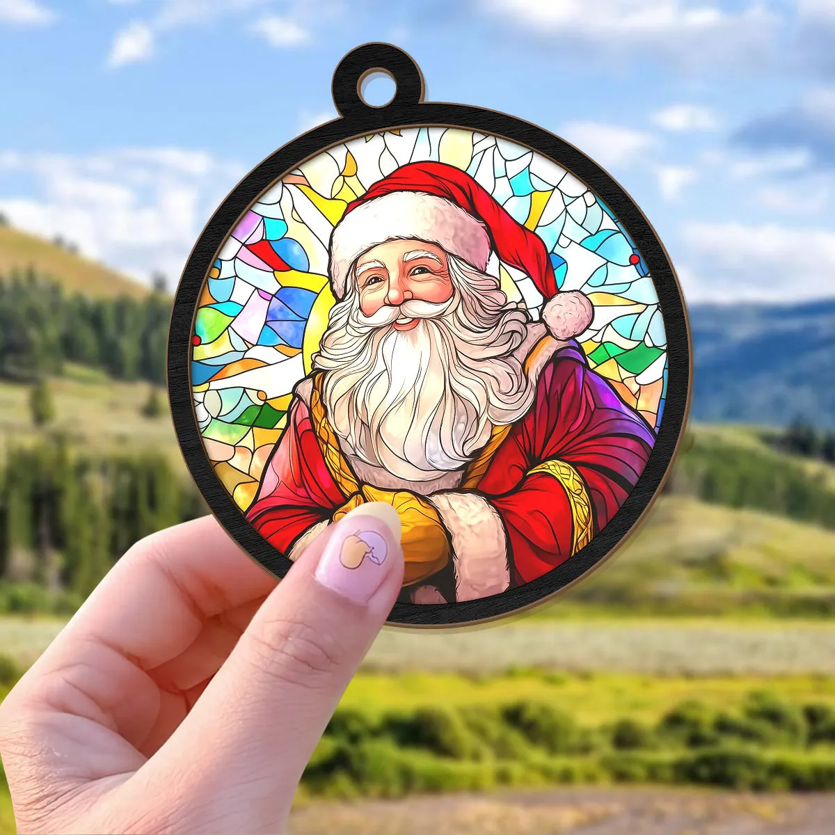 Teesdily | Santa Christmas Suncatcher, Christmas Tree Decor Santa Claus Stained Glass Suncatcher, Christmas Gift For Family, Christmas Ornaments