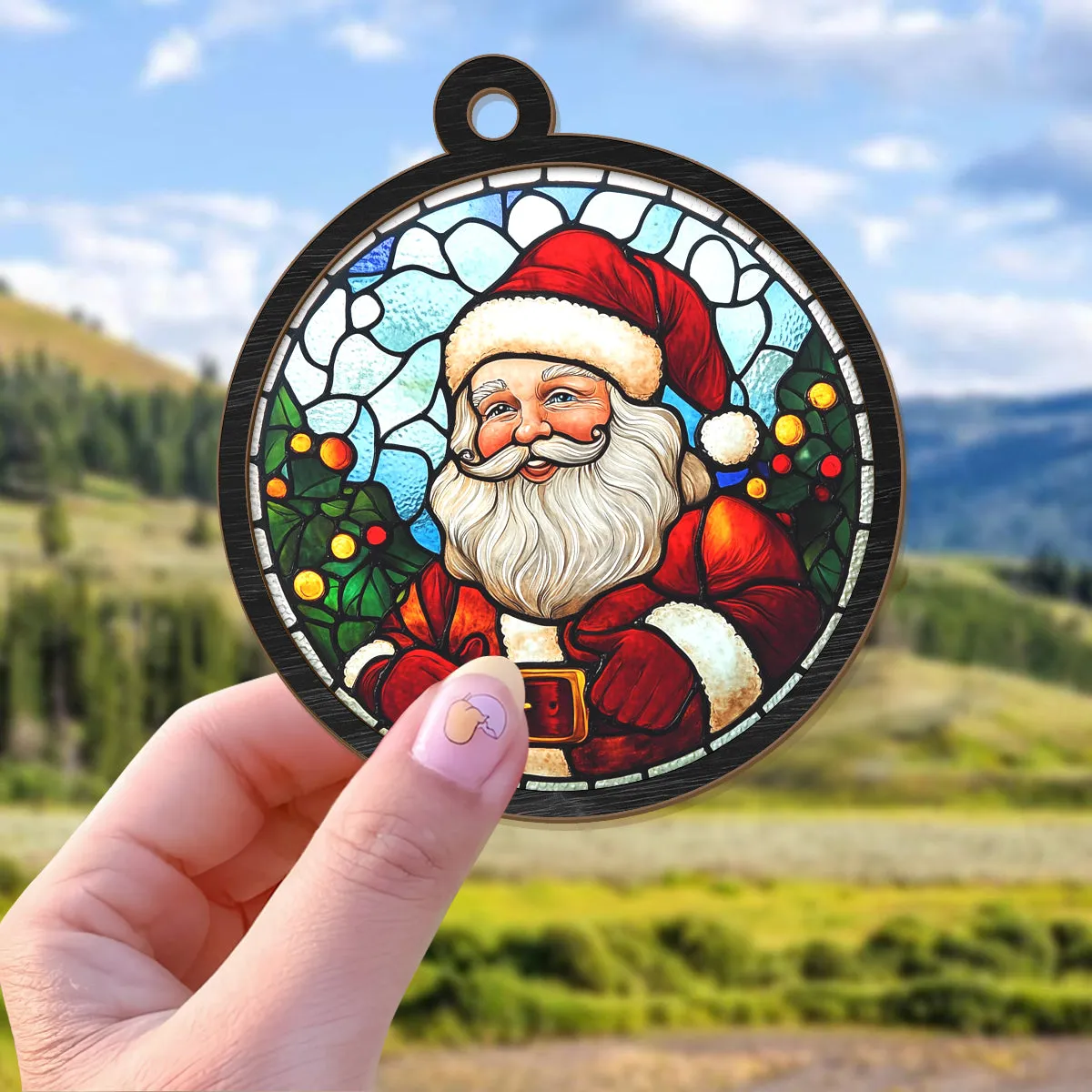 Teesdily | Santa Christmas Suncatcher, Christmas Tree Decor Santa Claus Stained Glass Suncatcher, Christmas Gift For Family, Christmas Ornaments