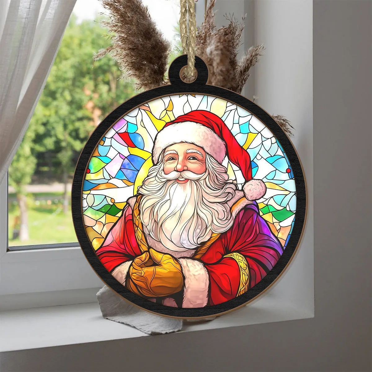 Teesdily | Santa Christmas Suncatcher, Christmas Tree Decor Santa Claus Stained Glass Suncatcher, Christmas Gift For Family, Christmas Ornaments