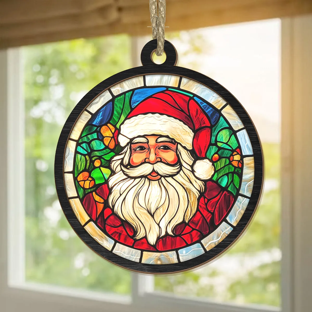 Teesdily | Santa Christmas Suncatcher, Christmas Tree Decor Santa Claus Stained Glass Suncatcher, Christmas Gift For Family, Christmas Ornaments