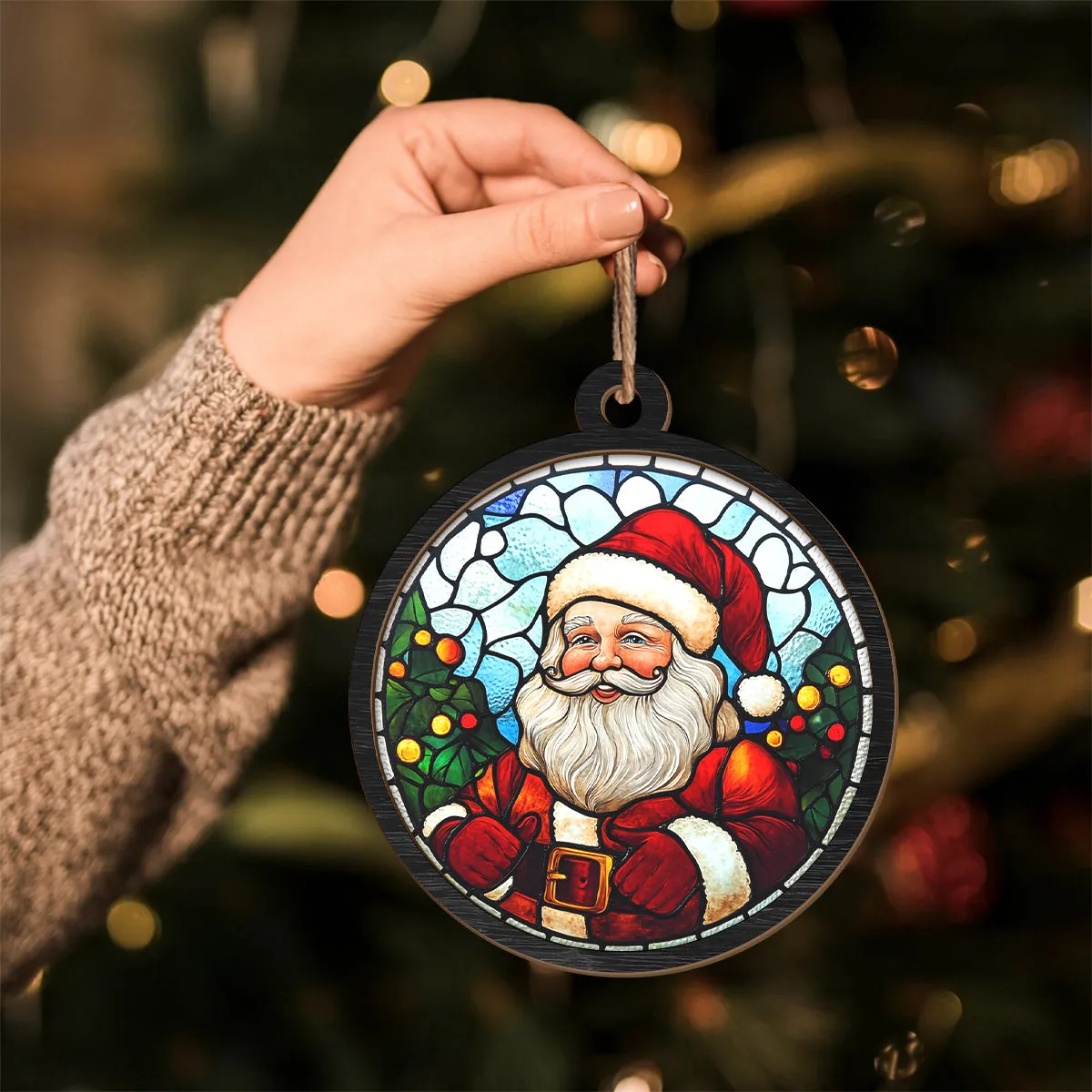 Teesdily | Santa Christmas Suncatcher, Christmas Tree Decor Santa Claus Stained Glass Suncatcher, Christmas Gift For Family, Christmas Ornaments