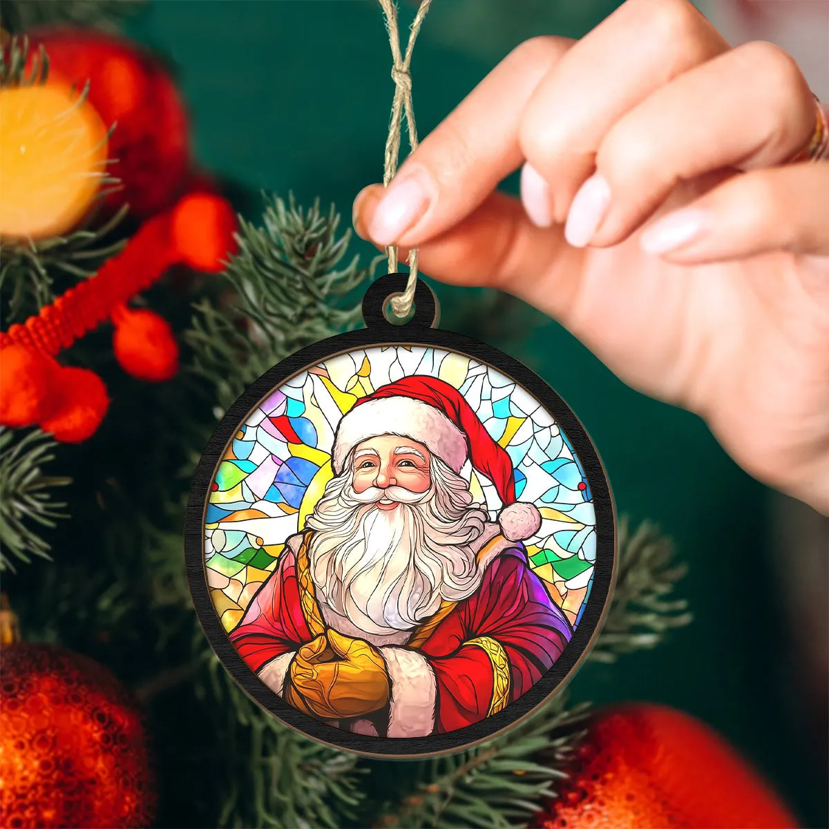 Teesdily | Santa Christmas Suncatcher, Christmas Tree Decor Santa Claus Stained Glass Suncatcher, Christmas Gift For Family, Christmas Ornaments