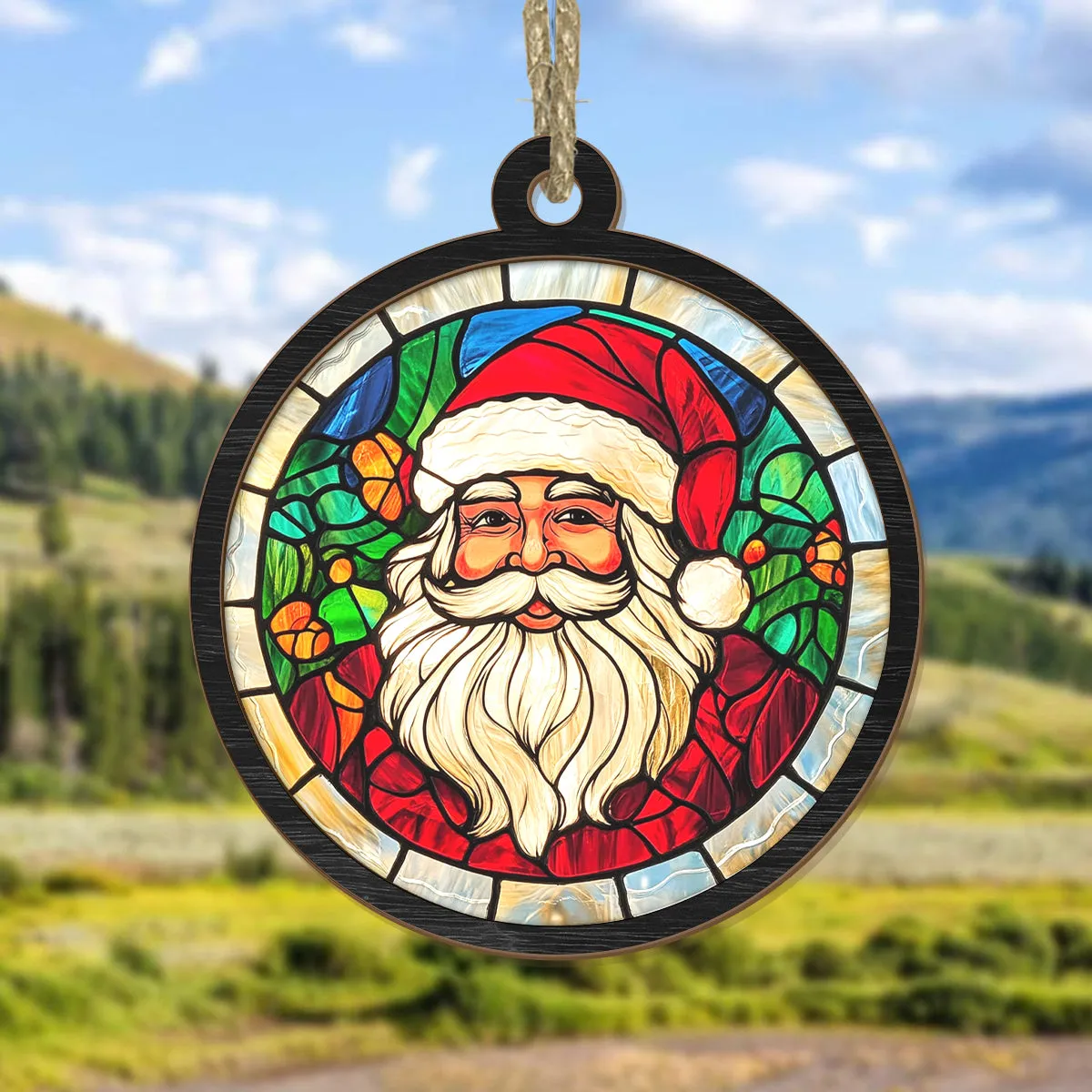 Teesdily | Santa Christmas Suncatcher, Christmas Tree Decor Santa Claus Stained Glass Suncatcher, Christmas Gift For Family, Christmas Ornaments