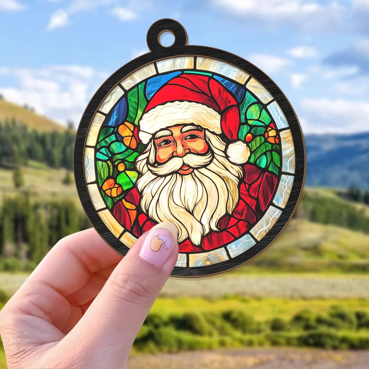 Teesdily | Santa Christmas Suncatcher, Christmas Tree Decor Santa Claus Stained Glass Suncatcher, Christmas Gift For Family, Christmas Ornaments