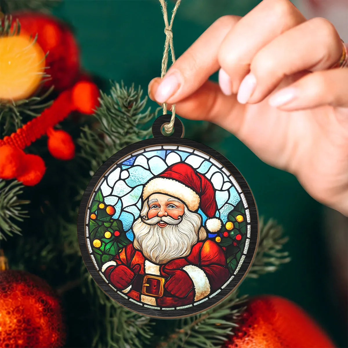 Teesdily | Santa Christmas Suncatcher, Christmas Tree Decor Santa Claus Stained Glass Suncatcher, Christmas Gift For Family, Christmas Ornaments