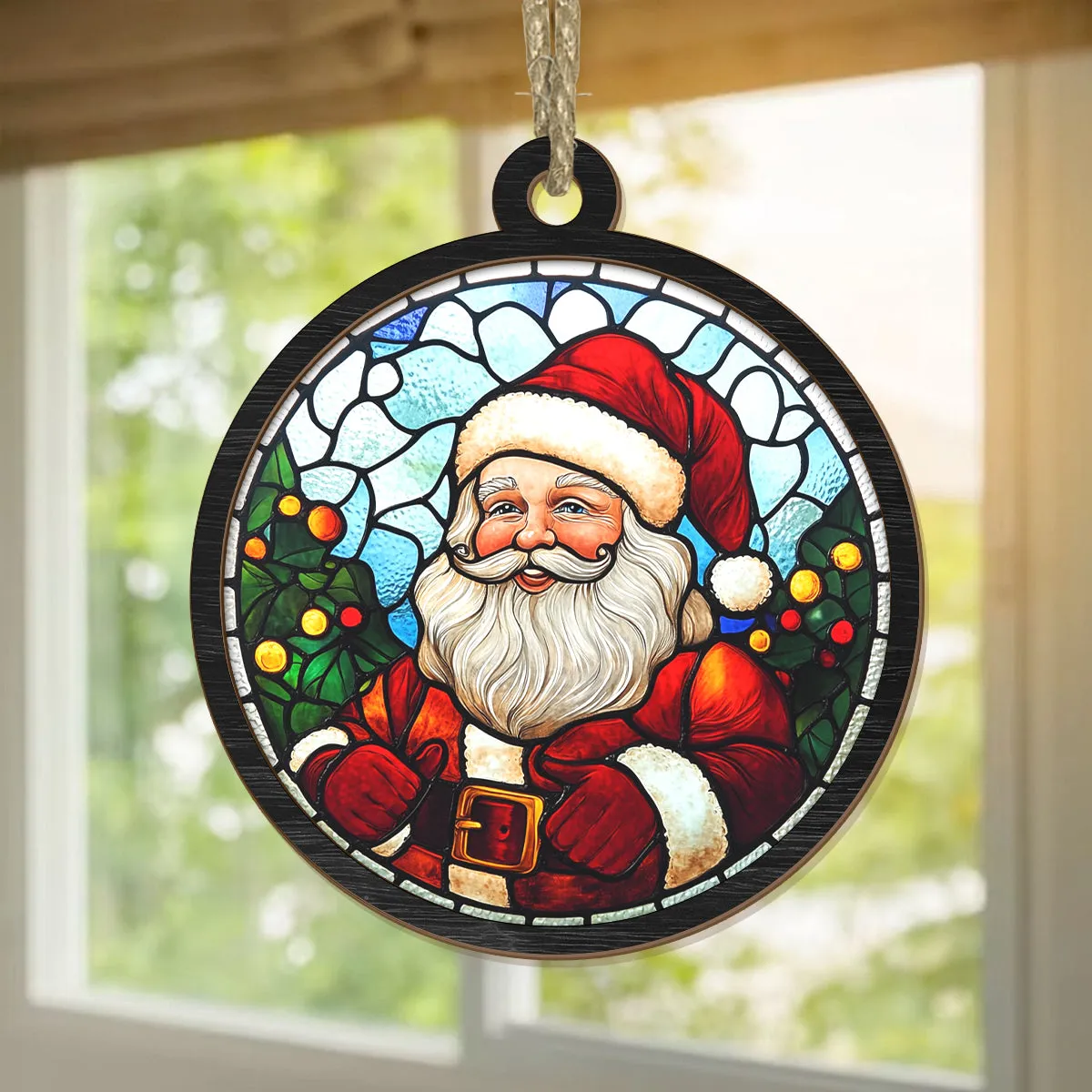 Teesdily | Santa Christmas Suncatcher, Christmas Tree Decor Santa Claus Stained Glass Suncatcher, Christmas Gift For Family, Christmas Ornaments