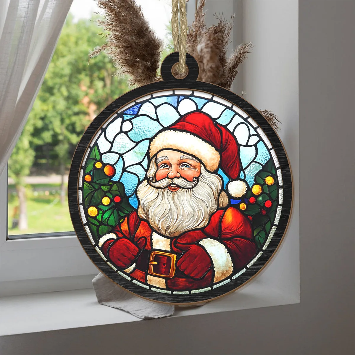 Teesdily | Santa Christmas Suncatcher, Christmas Tree Decor Santa Claus Stained Glass Suncatcher, Christmas Gift For Family, Christmas Ornaments