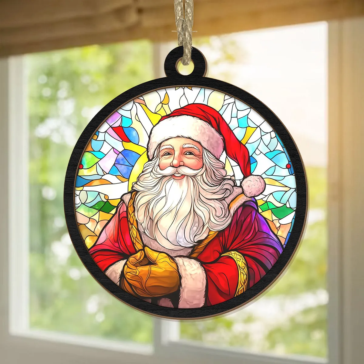 Teesdily | Santa Christmas Suncatcher, Christmas Tree Decor Santa Claus Stained Glass Suncatcher, Christmas Gift For Family, Christmas Ornaments