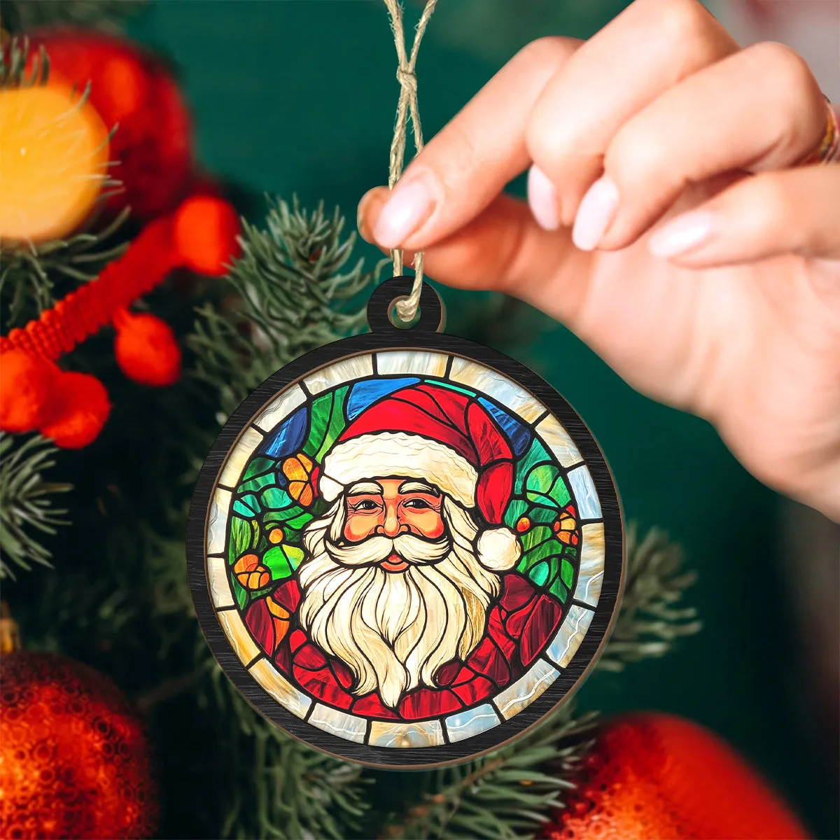 Teesdily | Santa Christmas Suncatcher, Christmas Tree Decor Santa Claus Stained Glass Suncatcher, Christmas Gift For Family, Christmas Ornaments