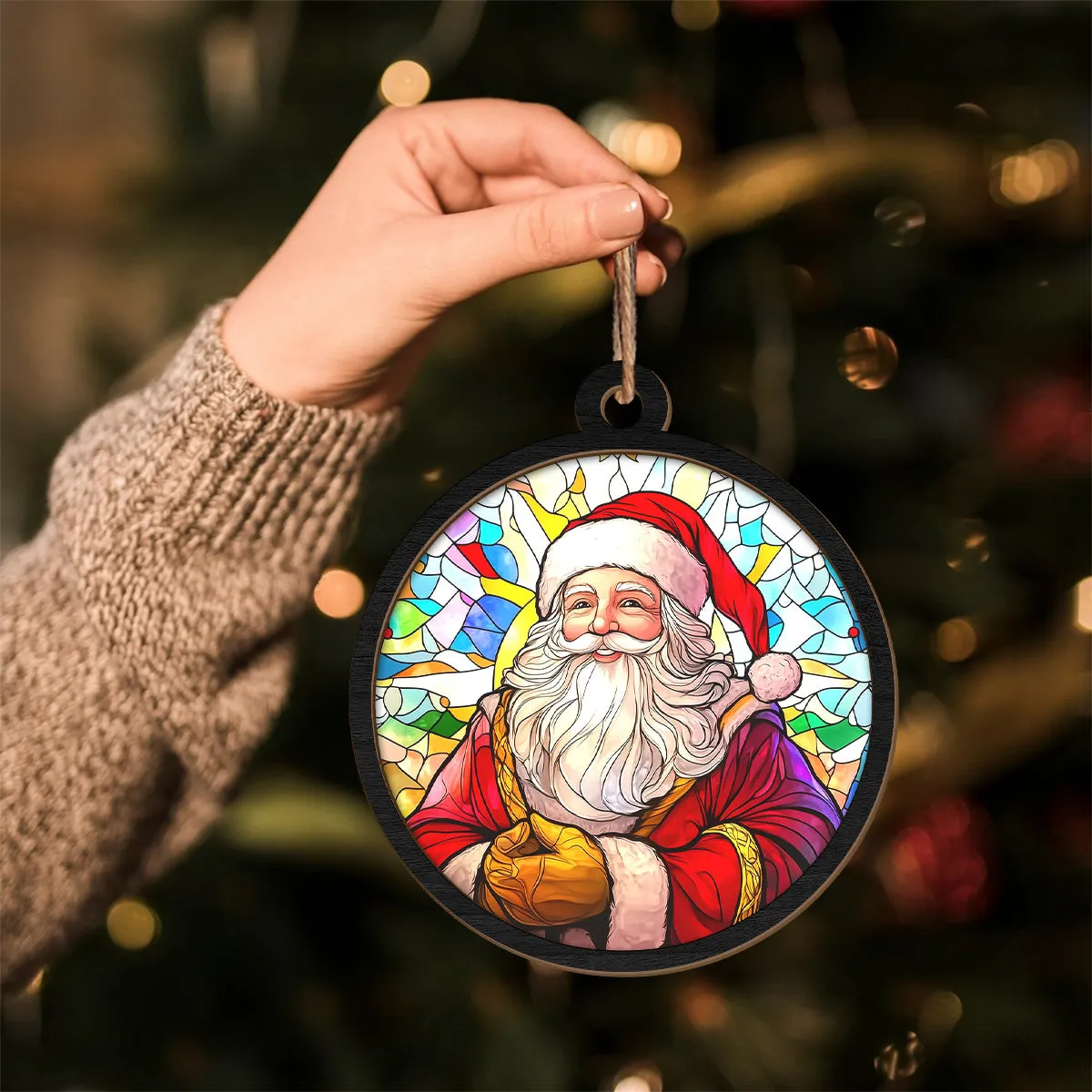 Teesdily | Santa Christmas Suncatcher, Christmas Tree Decor Santa Claus Stained Glass Suncatcher, Christmas Gift For Family, Christmas Ornaments