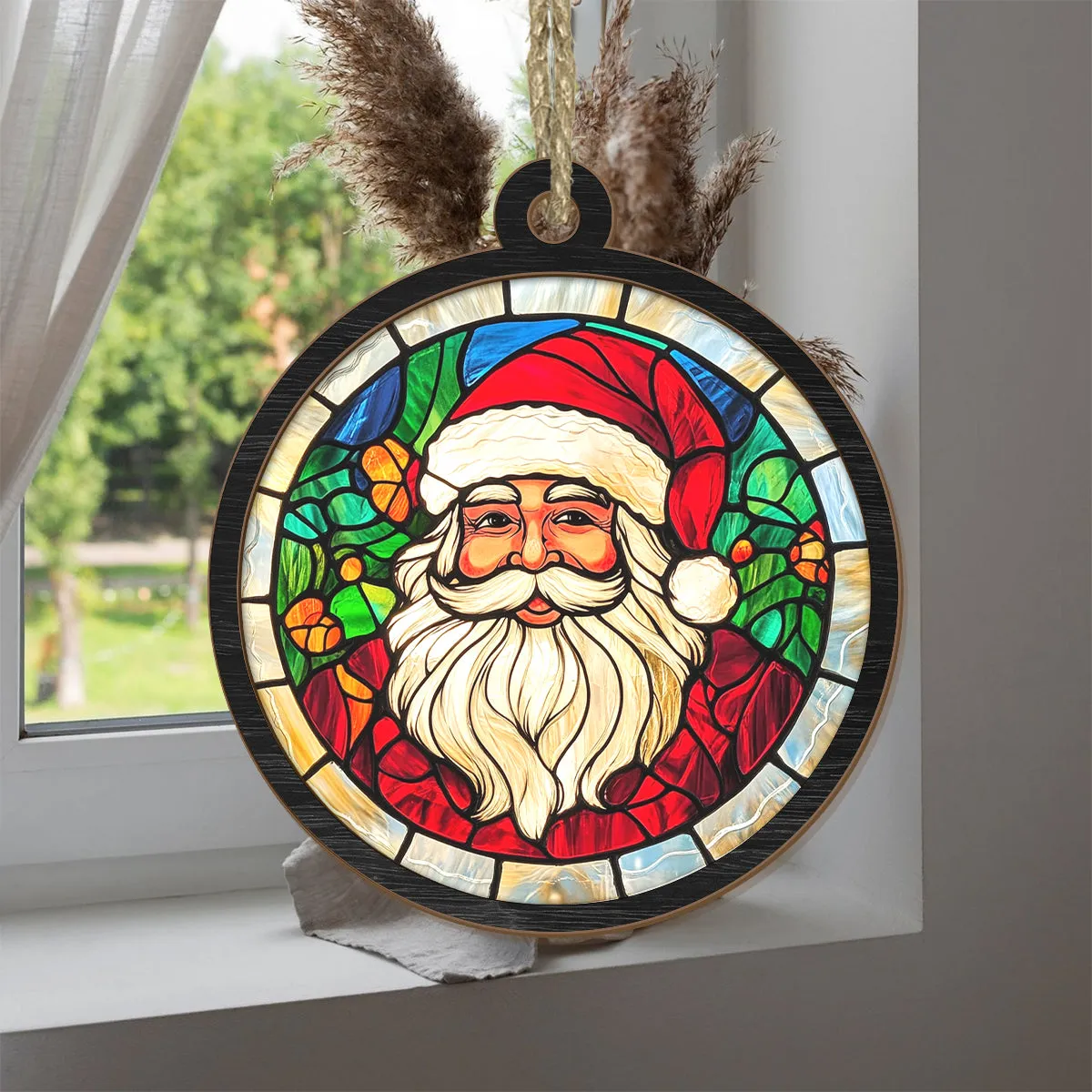 Teesdily | Santa Christmas Suncatcher, Christmas Tree Decor Santa Claus Stained Glass Suncatcher, Christmas Gift For Family, Christmas Ornaments