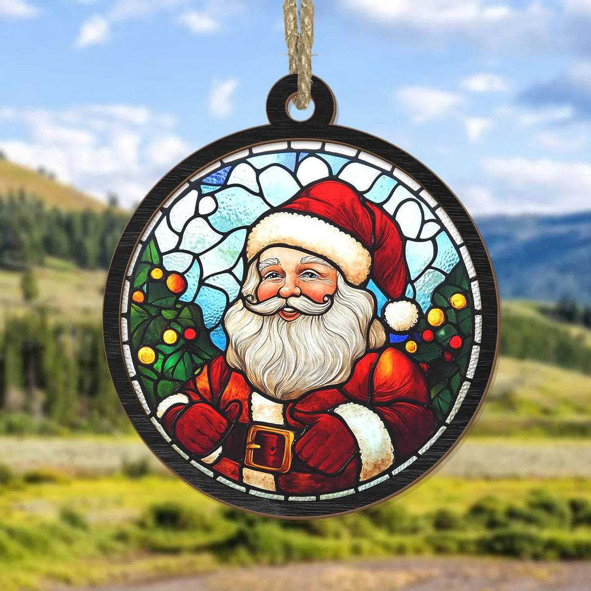 Teesdily | Santa Christmas Suncatcher, Christmas Tree Decor Santa Claus Stained Glass Suncatcher, Christmas Gift For Family, Christmas Ornaments