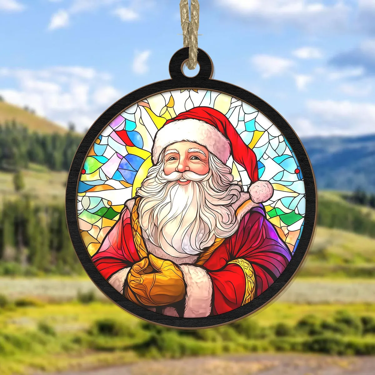 Teesdily | Santa Christmas Suncatcher, Christmas Tree Decor Santa Claus Stained Glass Suncatcher, Christmas Gift For Family, Christmas Ornaments