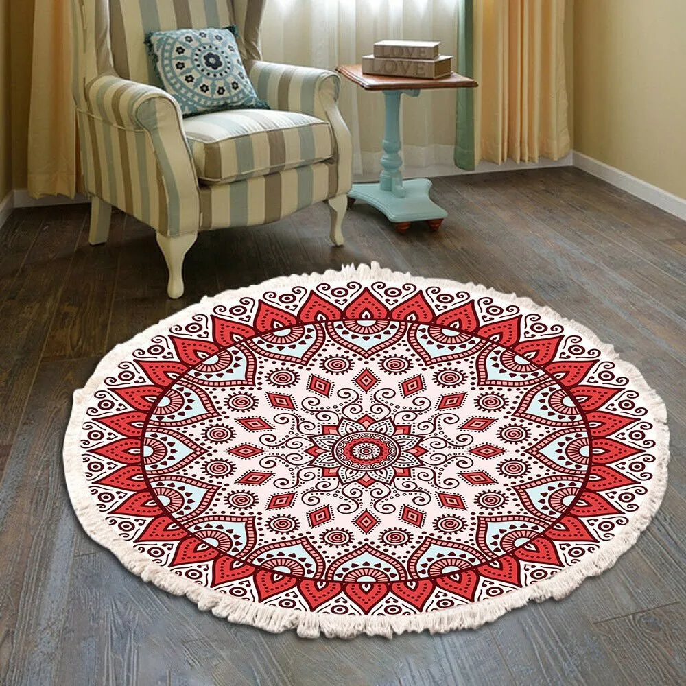 Vintage Round Fringe Print Bedroom Rug