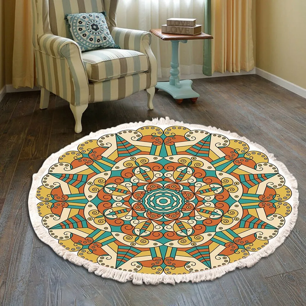 Vintage Round Fringe Print Bedroom Rug