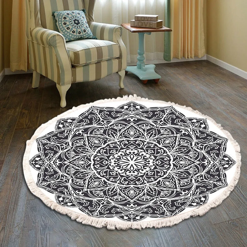 Vintage Round Fringe Print Bedroom Rug