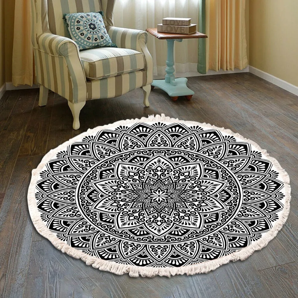 Vintage Round Fringe Print Bedroom Rug