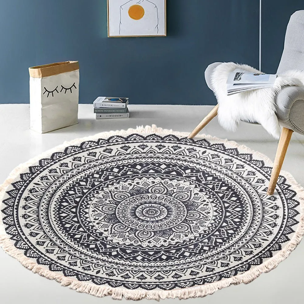 Vintage Round Fringe Print Bedroom Rug