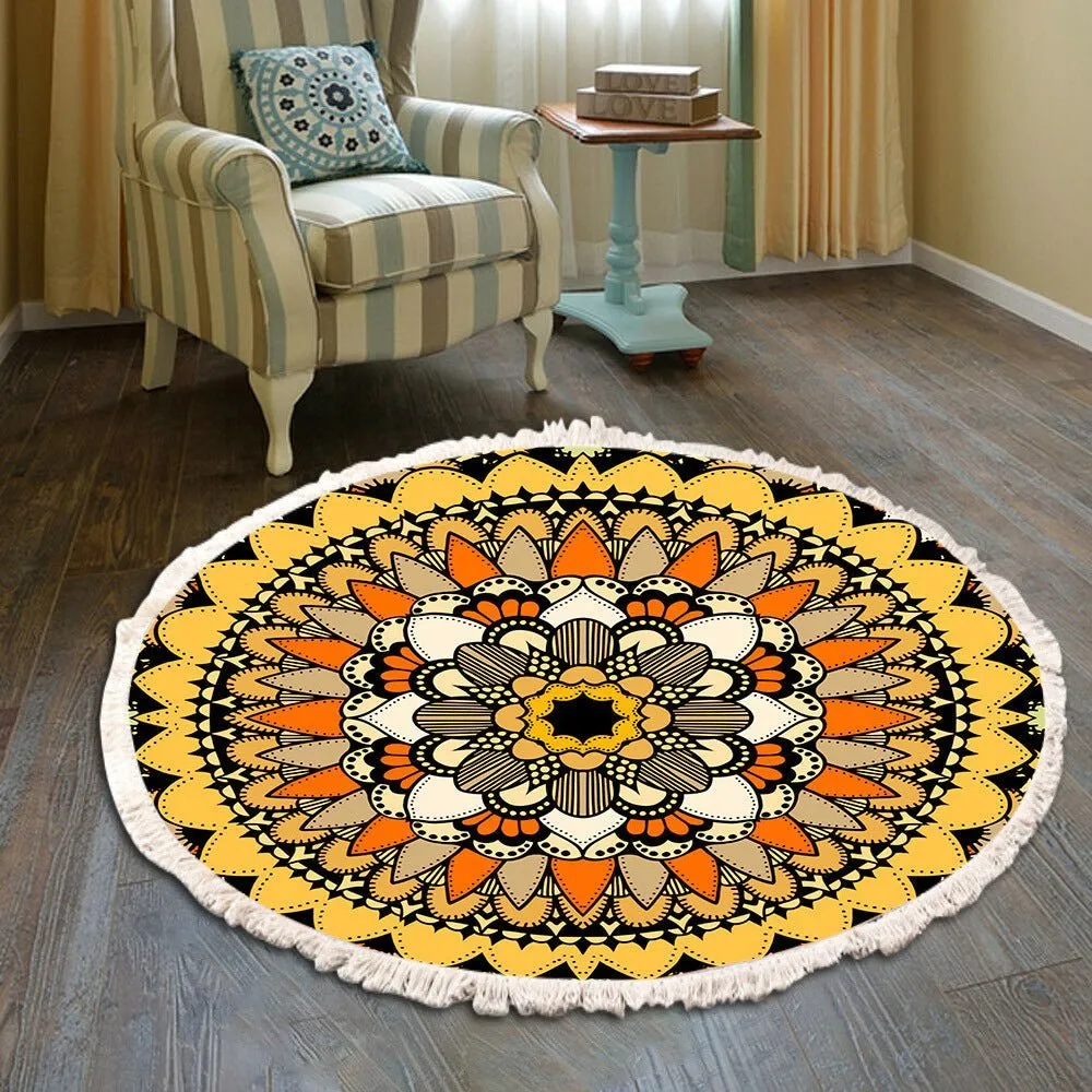 Vintage Round Fringe Print Bedroom Rug